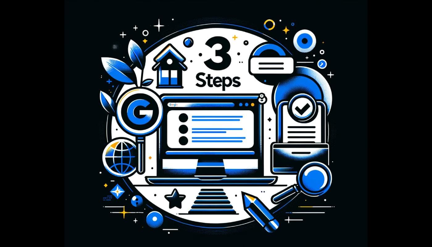 Laptop showing search results beside a magnifying glass, a checklist and the words 3 Steps, in blue and black