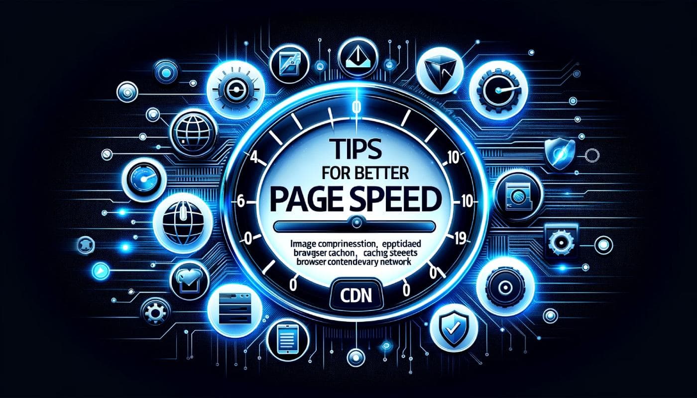Glowing dial reading Tips for Better Page Speed, ringed by globe, shield and gear icons, with a CDN button below