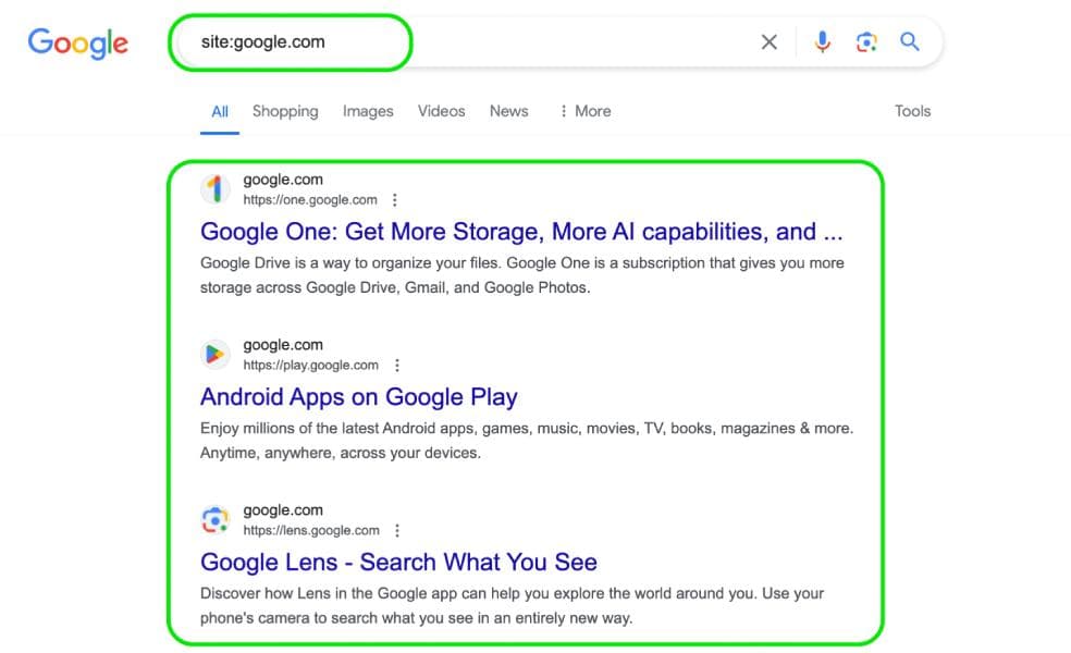 Google results for the query site:google.com, with the search box and the first three listed pages outlined in green