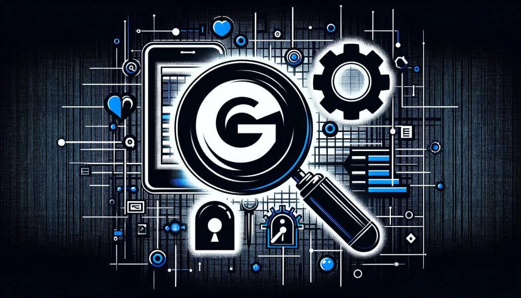 Magnifying glass with a stylised G in the lens, surrounded by a phone, gear, padlock and chart icons on a dark grid