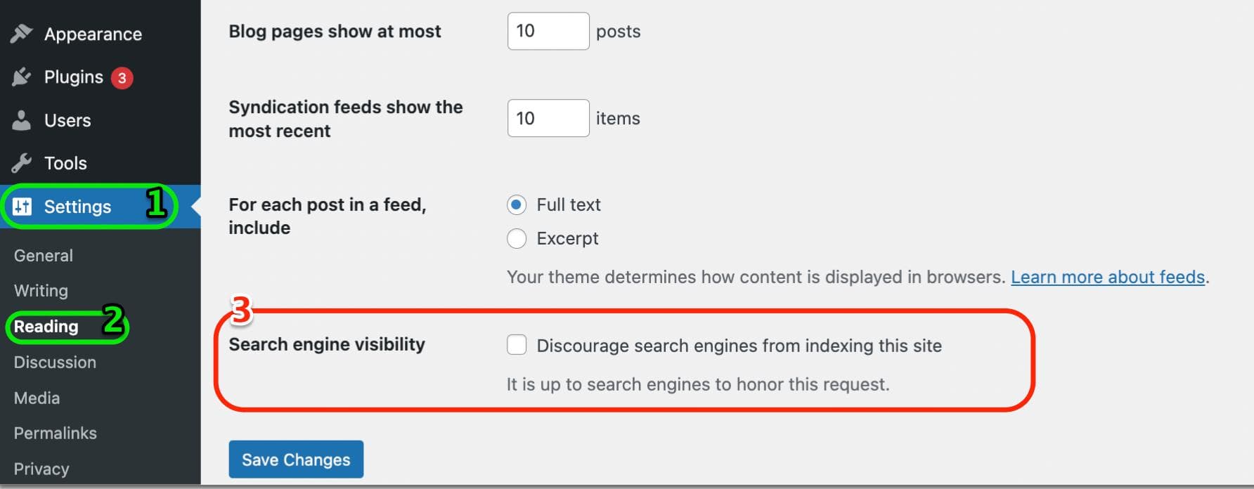 WordPress Settings, Reading screen with the unchecked option Discourage search engines from indexing this site circled