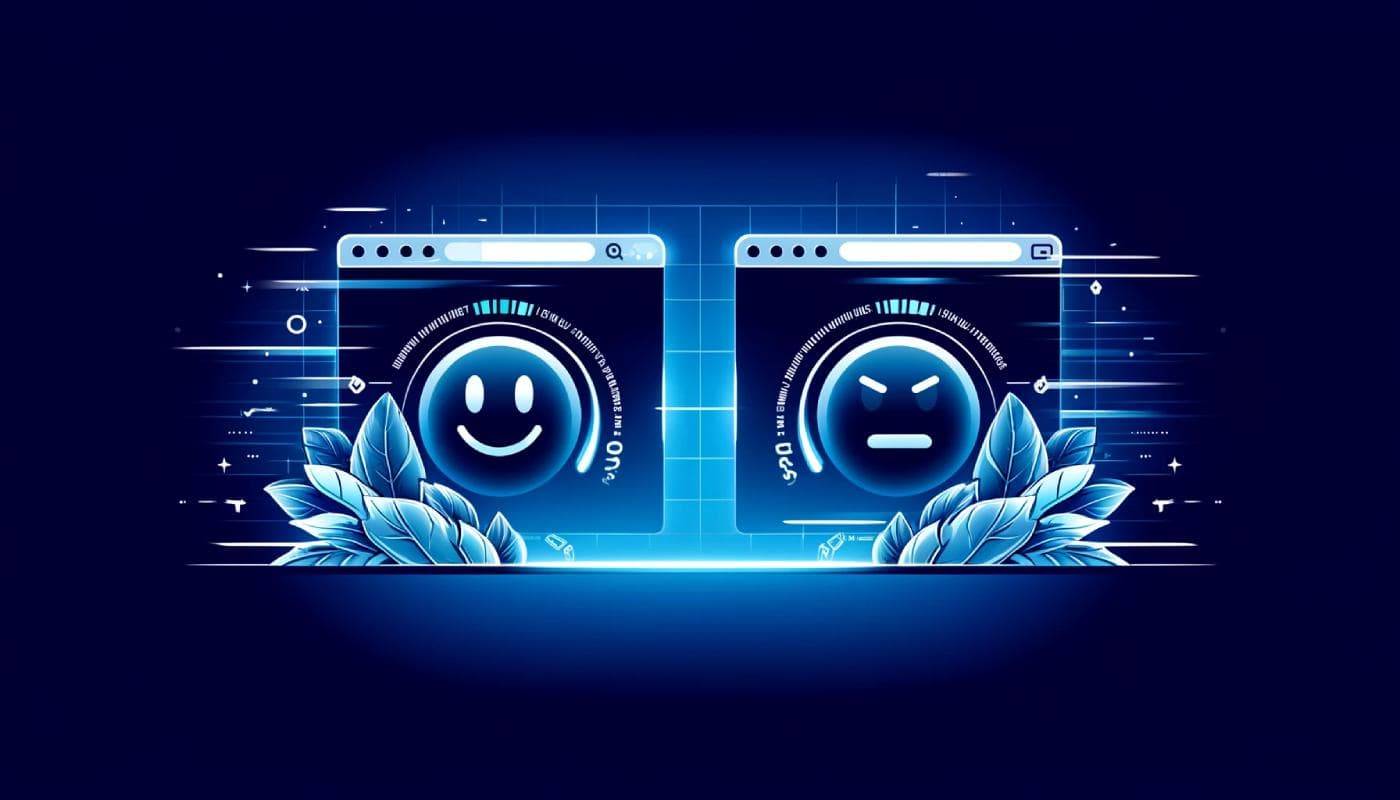 Two browser windows side by side, one with a smiling face and one with a frowning face, framed by blue leaves