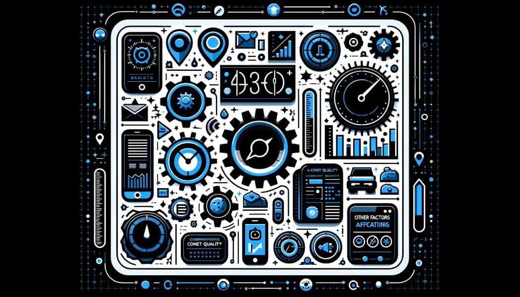 Illustration of gears, gauges, phones and charts in a rounded frame, with labels about content quality and other factors