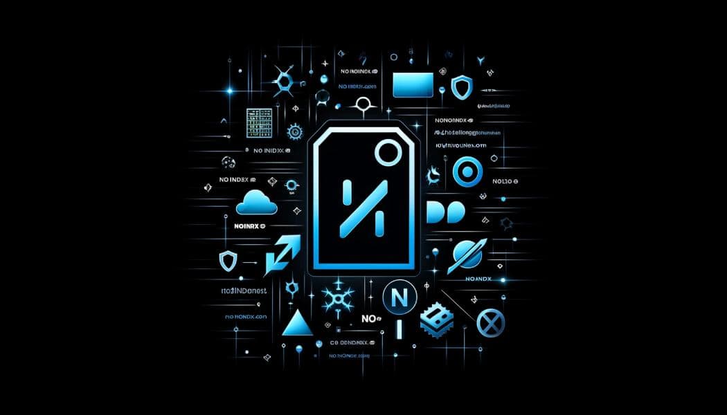 Dark illustration of a tag-shaped page icon with a slash, surrounded by small noindex labels and glowing tech symbols