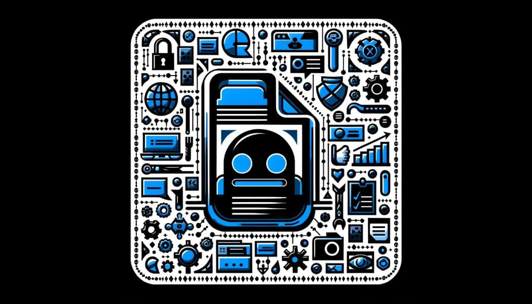 Illustration of a robot face on a document icon, ringed by padlock, globe, gear and chart icons