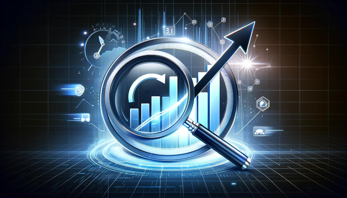 Magnifying glass over a rising bar chart with an upward arrow, on a dark blue grid background