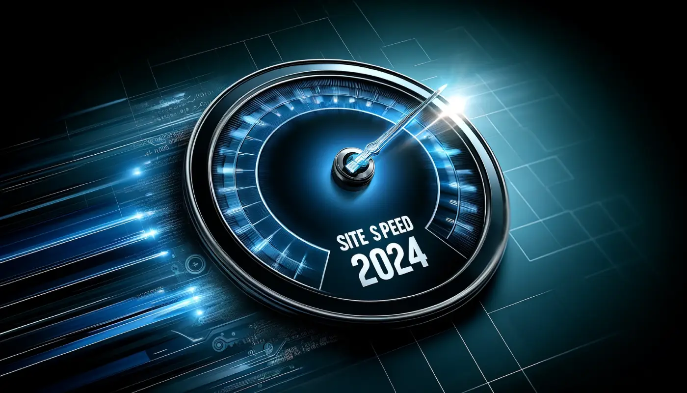Glowing blue speedometer with the needle near its upper limit and the words Site Speed 2024 on the dial
