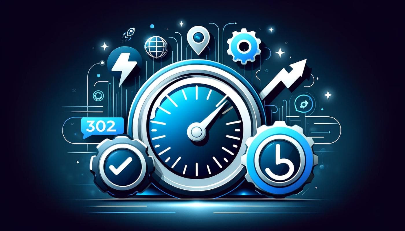 Blue speedometer between a check-mark gear and a clock gear, with a lightning bolt, globe and rising arrow